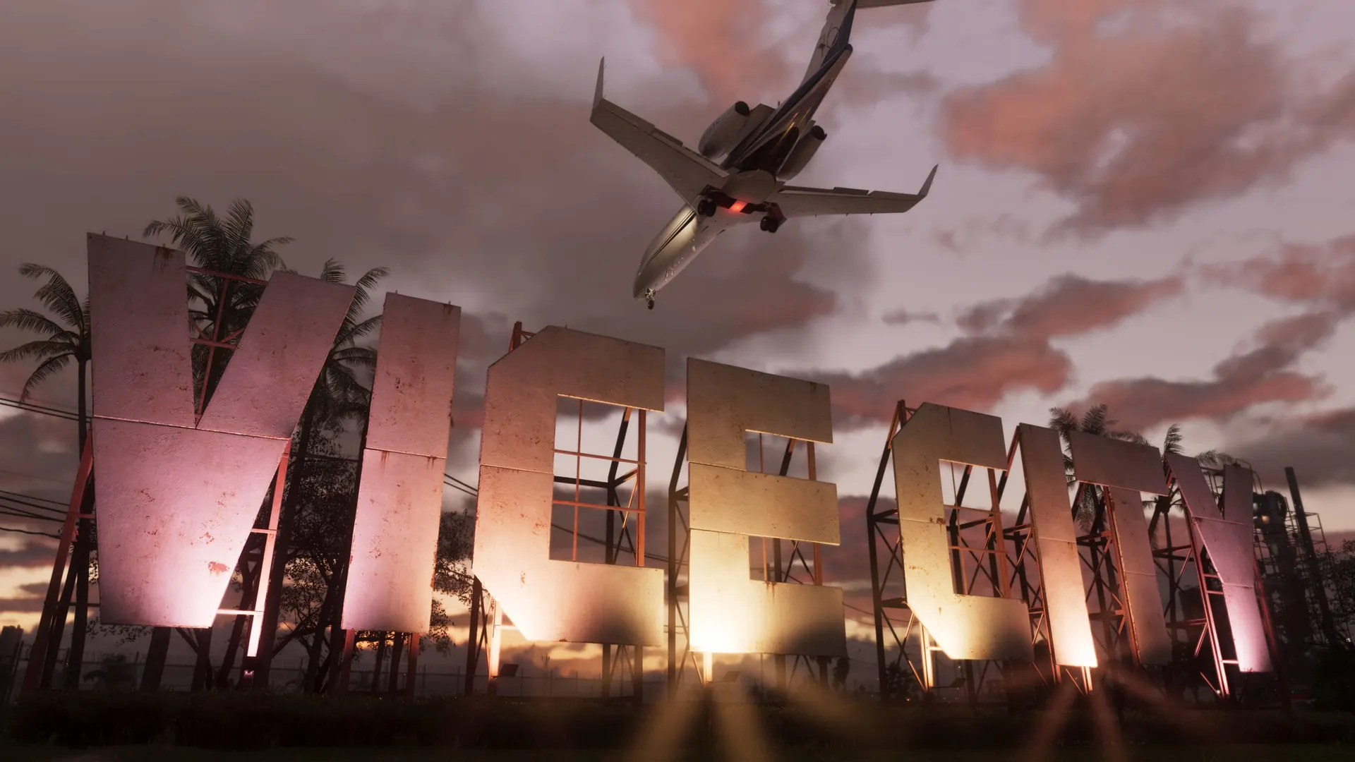 The Vice City sign at sunset, a jet passing overhead
